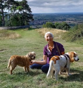 Website creator Carol Fowler on Wotton Hill with Poppy and Millie